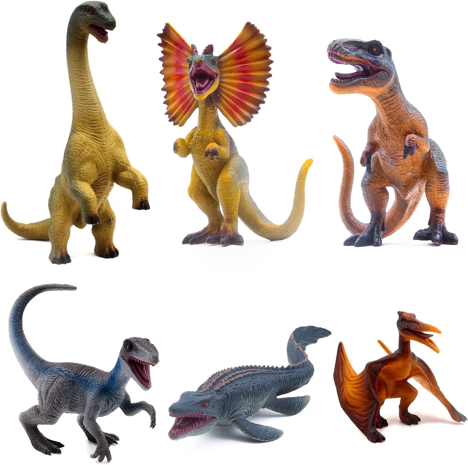 Woaeety 6Pack 6.3 Inch Jurassic Dinosaur Toy Figures, Realistic Dino Toys Set Dilophosaurus Blue Velociraptor T-Rex Mosasaurus Brachiosaurus Pterosaur Dinosaur Figurines for Dino Party